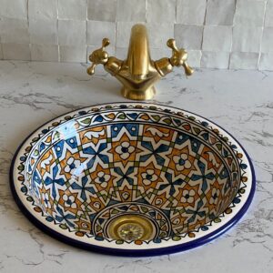 Lavabo en céramique fait main – Vasque artisanale marocaine bleue au design organique (42 cm x H 15 cm, 6,7 kg)