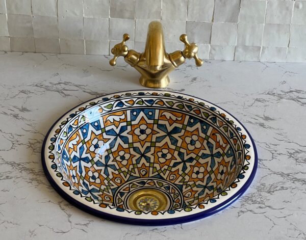 Lavabo en céramique fait main – Vasque artisanale marocaine bleue au design organique (42 cm x H 15 cm, 6,7 kg)