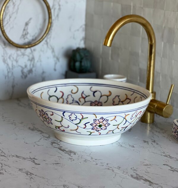 Lavabo rond en céramique fait main – Art marocain et durabilité réunis ( 41 cm x H 14,5 cm, 6,4 kg) – Image 3