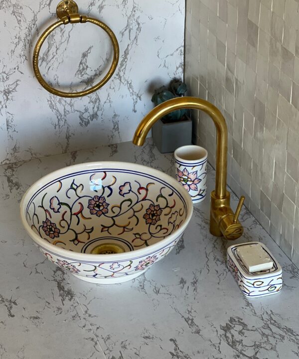 Lavabo rond en céramique fait main – Art marocain et durabilité réunis ( 41 cm x H 14,5 cm, 6,4 kg)