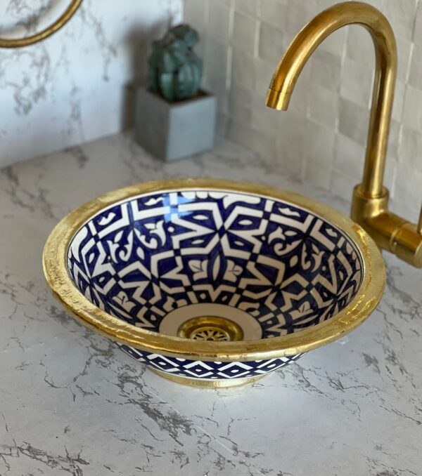 Lavabo décoratif marocain fait main – Vasque en céramique traditionnelle peinte à la main (40 cm x H 14 cm, 6,2 kg) – Image 7