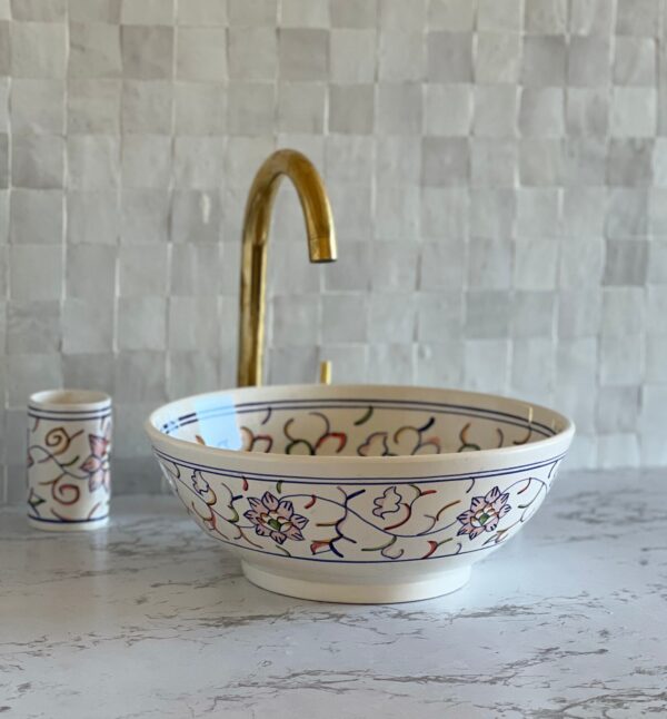 Lavabo rond en céramique fait main – Art marocain et durabilité réunis ( 41 cm x H 14,5 cm, 6,4 kg) – Image 7